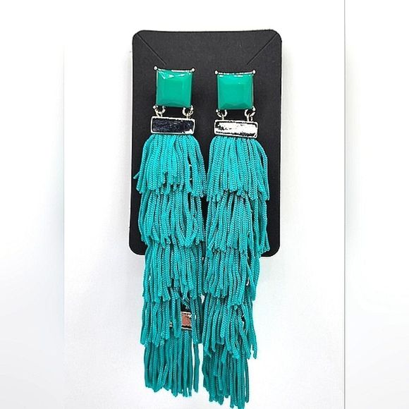Turquoise & Silver Tone Tassle & Bars Earrings 5" - Picture 2 of 2